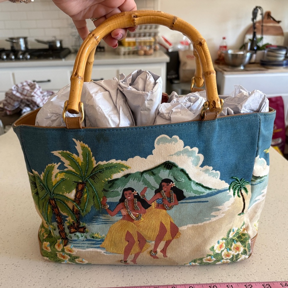 Tropical Print Canvas Tote with Bamboo Handles - Blue & Yellow